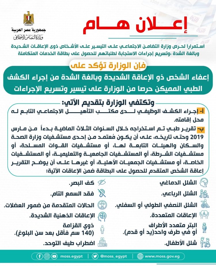 عاجل.. التضامن: إعفاء ذوي الإعاقات الشديدة من الكشف الطبي المميكن