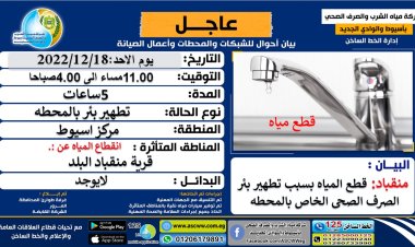 انقطاع المياه 5  ساعات عن منطقة منقباد في أسيوط غدًا