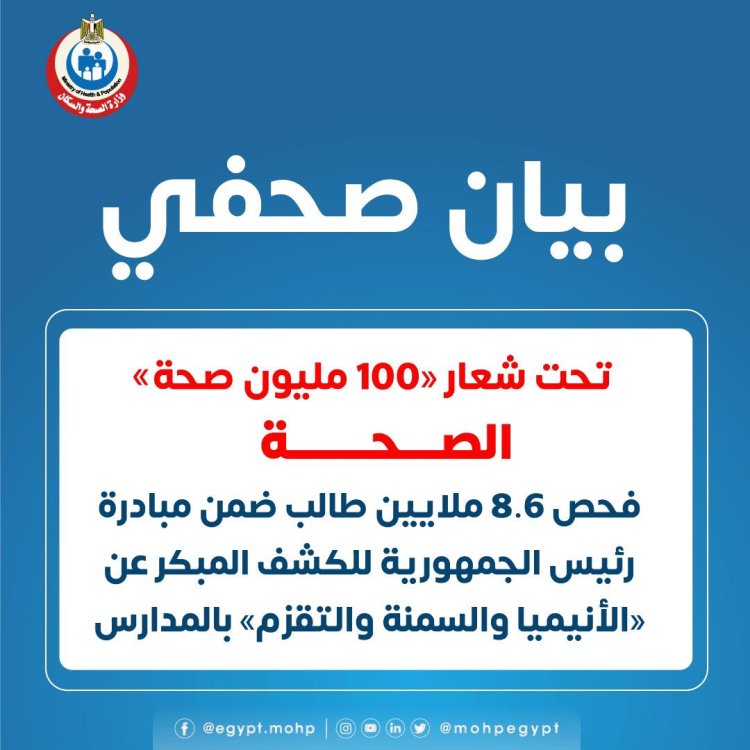 «الصحة»: فحص 8.6 مليون طالب ضمن مبادرة الكشف المبكر عن «الأنيميا والتقزم»