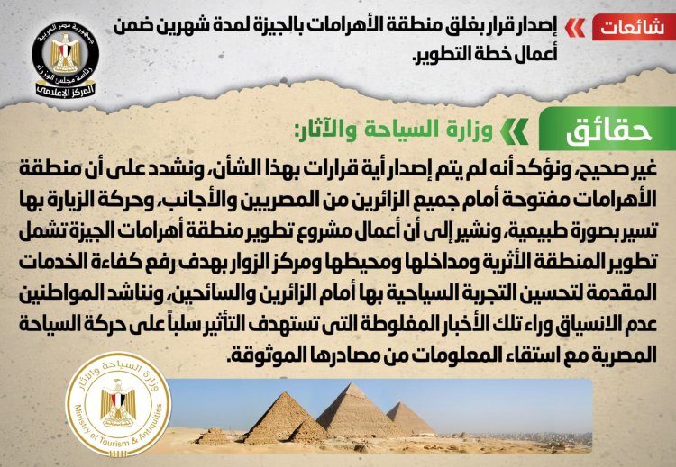 حقيقة إصدار قرار بغلق منطقة الأهرامات بالجيزة لمدة شهرين
