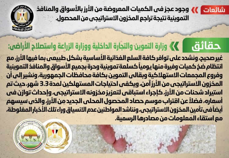 حقيقة وجود عجز في الكميات المعروضة من الأرز بالأسواق والمنافذ التموينية